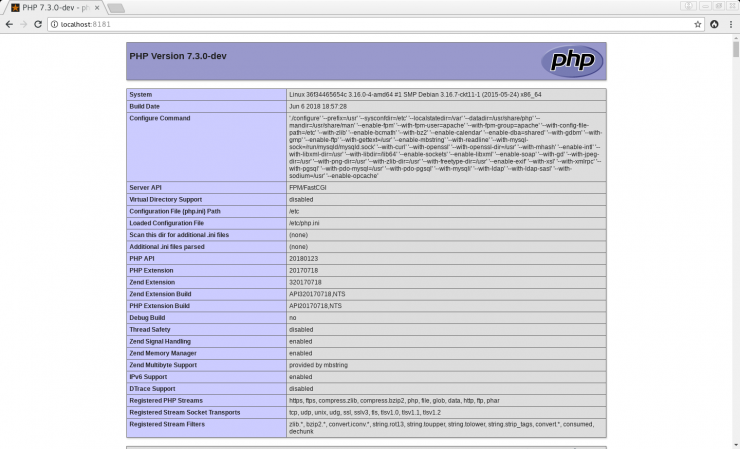 PHP 7.3.0dev phpinfo page